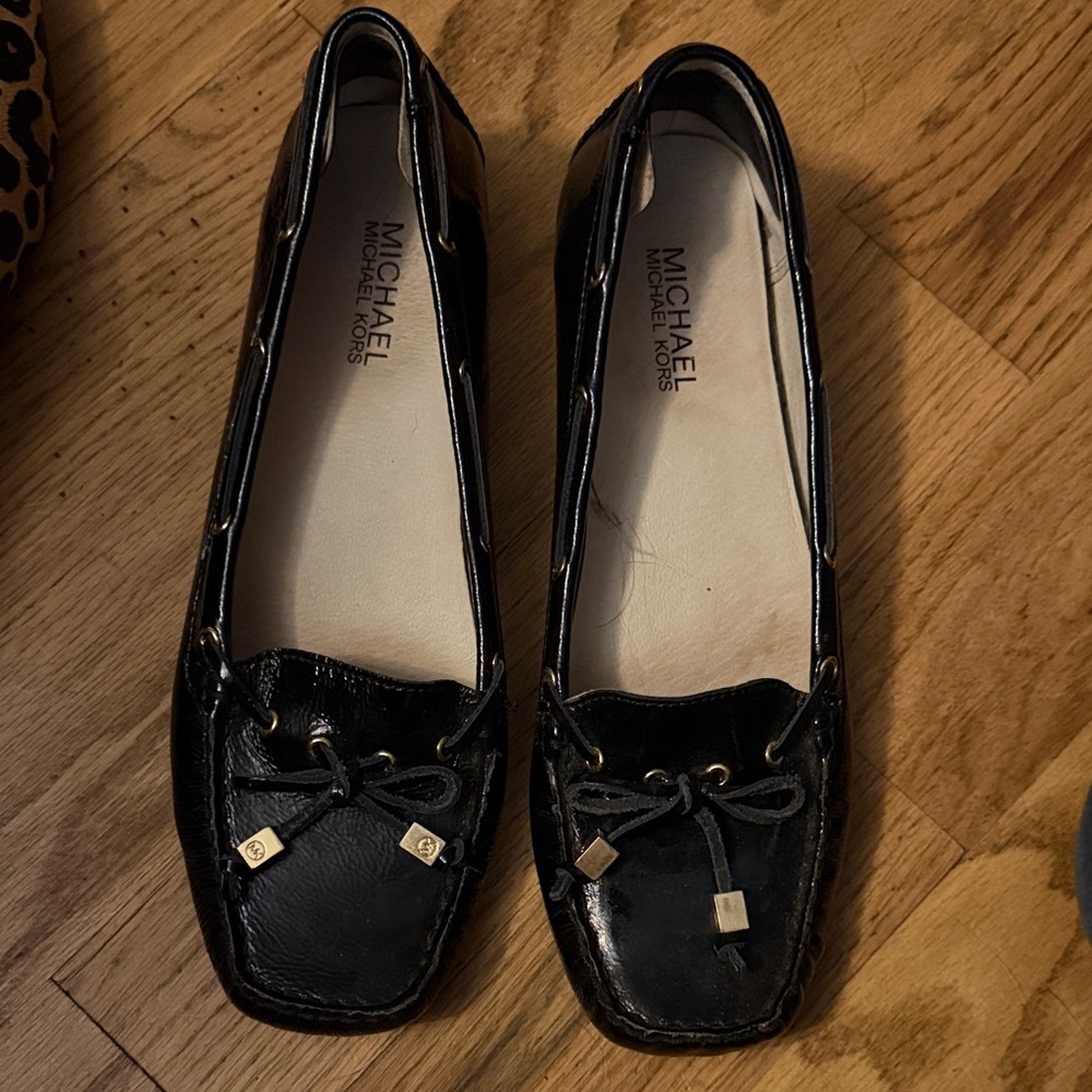 Michael Kors Black Patent Leather Moccasin Loafers with Gold Accents